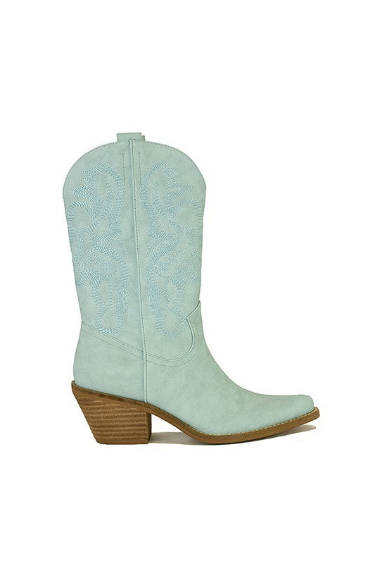 Western cowboy boots with intricate tonal stitching and a stacked brown.heel.