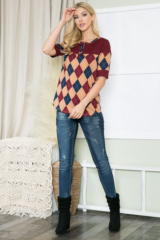 Stretchy jersey keeps you comfy while argyle print adds visual interest.