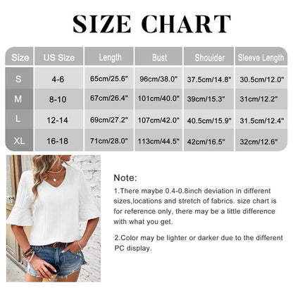 Lightweight and graceful, this blouse shows off bell sleeves and a relaxed V-neckline. Size Chart