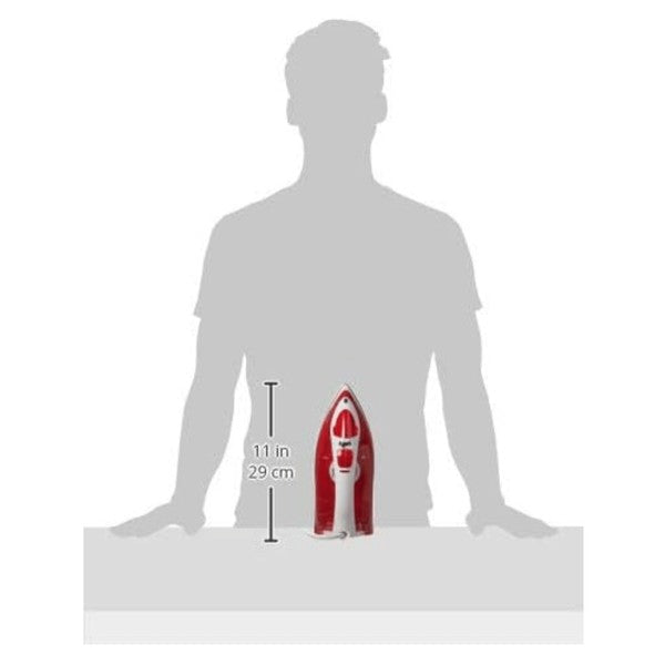 BLACK+DECKER steam iron with red and white design, featuring a temperature dial, steam buttons, and pointed tip—highlighting garment care functions.
