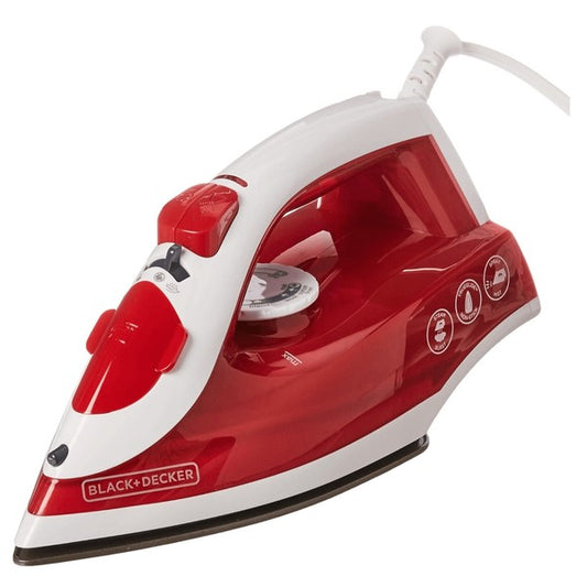 BLACK+DECKER steam iron with red and white design, featuring a temperature dial, steam buttons, and pointed tip—highlighting garment care functions.