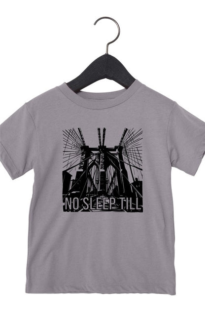 Gray t-shirt with black graphic design on a hanger against a white background