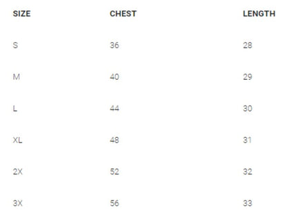 Size chart for chest and length measurements in centimeters