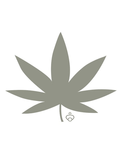 Simple illustration of a gray cannabis leaf on a white background with a small abstract logo at the base.
