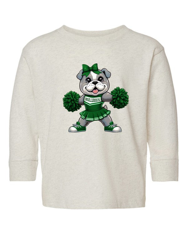 White long-sleeve shirt with a bulldog cheerleader graphic on a white background
