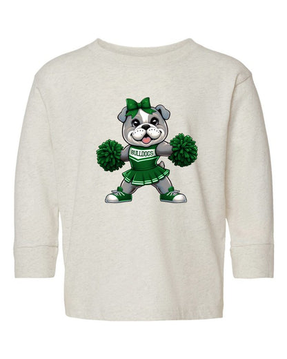 White long-sleeve shirt with a bulldog cheerleader graphic on a white background