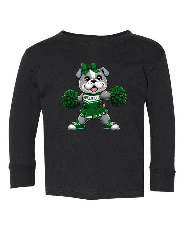 Black long-sleeve shirt with a bulldog cheerleader graphic on a white background