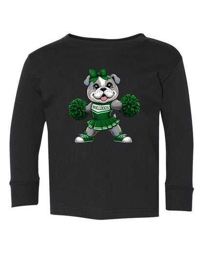 Black long-sleeve shirt with a bulldog cheerleader graphic on a white background