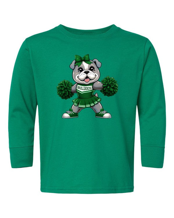 Green long-sleeve shirt with a bulldog cheerleader graphic on a white background