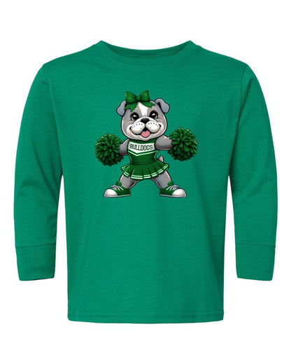 Green long-sleeve shirt with a bulldog cheerleader graphic on a white background