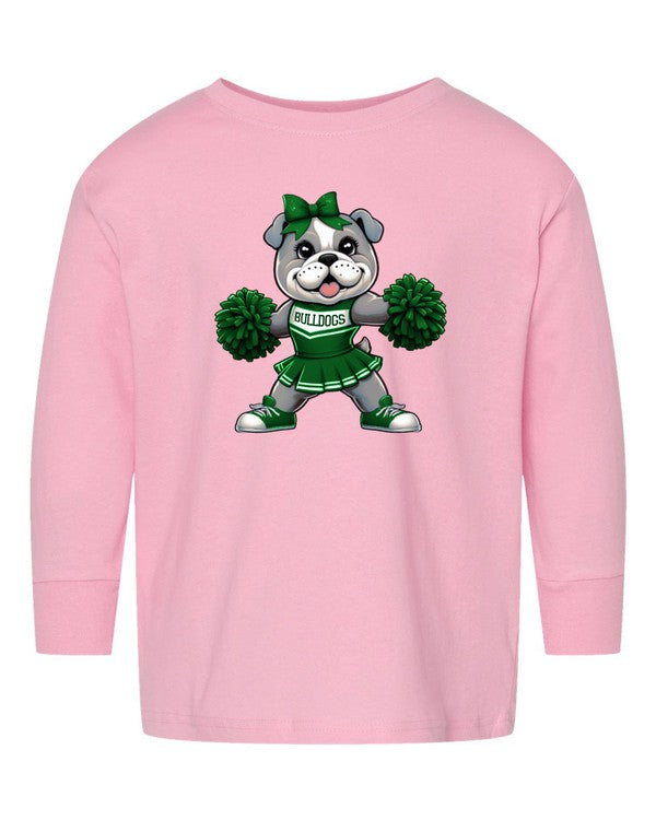 Pink long-sleeve shirt with a bulldog cheerleader graphic on a white background
