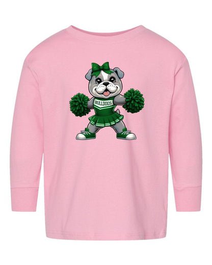 Pink long-sleeve shirt with a bulldog cheerleader graphic on a white background