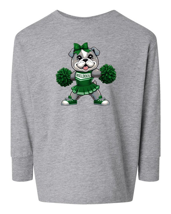 Gray long-sleeve shirt with a bulldog cheerleader graphic on a white background