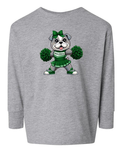 Gray long-sleeve shirt with a bulldog cheerleader graphic on a white background