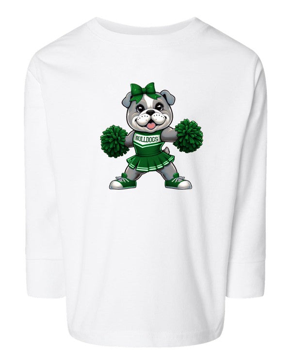 White t-shirt with a bulldog cheerleader graphic on a white background