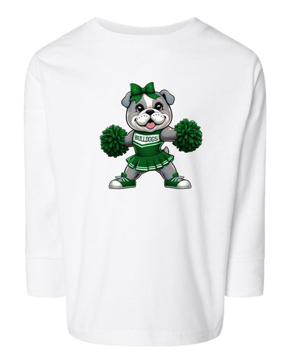 White t-shirt with a bulldog cheerleader graphic on a white background