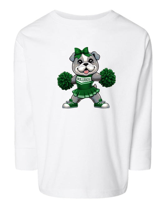 White t-shirt with a bulldog cheerleader graphic on a white background