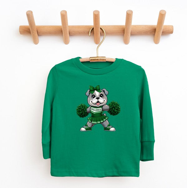 Green children's sweatshirt with a cartoon bulldog design on a wooden hanger against a white background