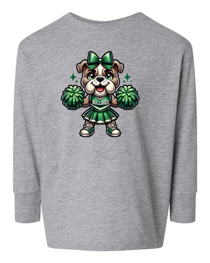 Gray sweatshirt with a cartoon bulldog wearing a bow and pom-poms on the chest.