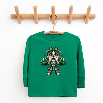Green children's sweatshirt with a bulldog cheerleader design on a wooden hanger against a white background.