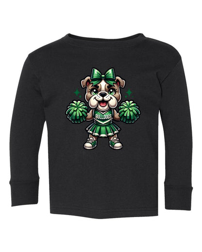 Black long-sleeve shirt with a bulldog cheerleader design on a white background