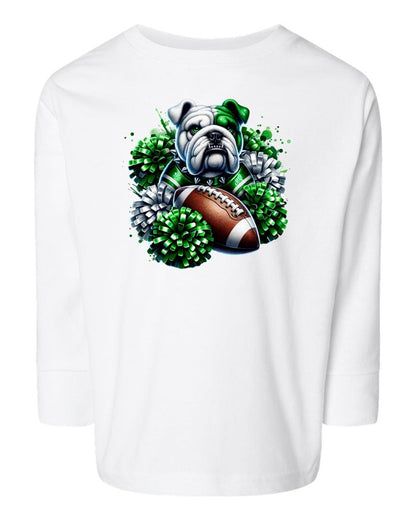 White t-shirt with a bulldog holding a football and green pom-poms design on a white background