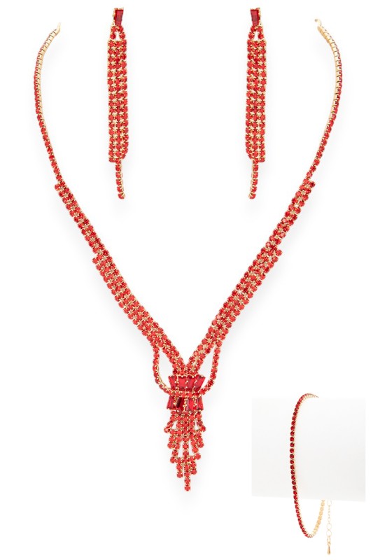 Jewelry set featuring a V-shaped necklace, matching earrings, and bracelet adorned with vibrant red gemstones set in gold-toned metal—striking, symmetrical, and ideal for formal or festive occasions.