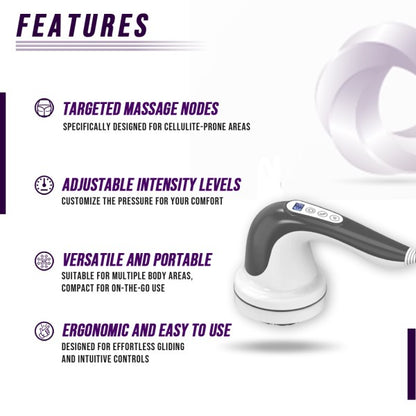 Handheld cellulite body sculpting massager with multiple interchangeable heads for targeted massage.

