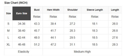 Size chart for clothing with Euro size equivalents, bust, hem width, shoulder, sleeve length, and length measurements.
