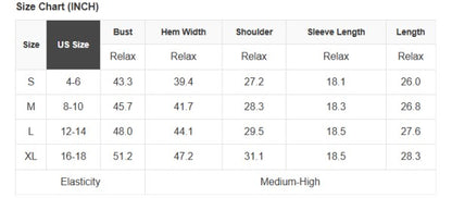Size chart for clothing measurements in inches with US size categories.