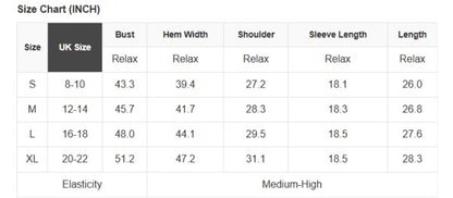 Size chart for clothing with measurements in inches and UK sizes.