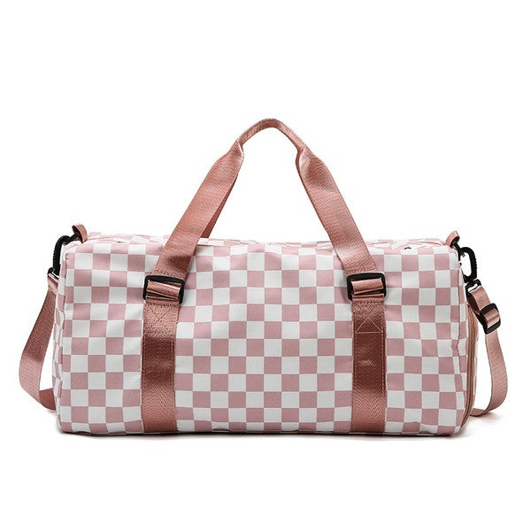 Versatile weekend duffel bag with a fashionable pattern, perfect for light travel or sports.