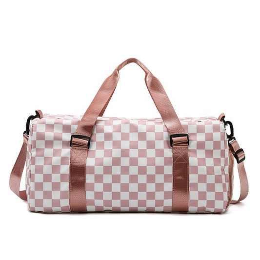 Versatile weekend duffel bag with a fashionable pattern, perfect for light travel or sports.