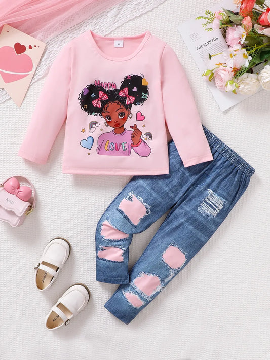 Children’s two-piece outfit with cartoon print top and matching pants, soft knit fabric for comfort and movement

