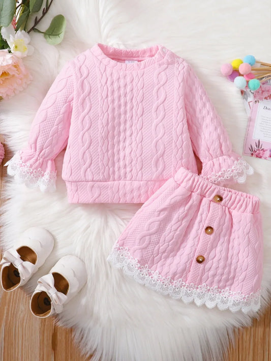 Children’s co-ord set: lace top with intricate detail and matching skirt — elegant outfit for girls

