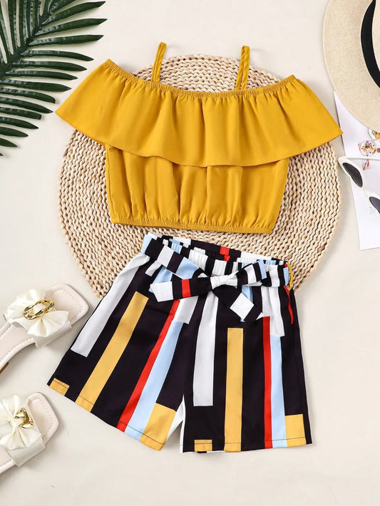 Children’s matching set: spaghetti strap ruffle top paired with soft pants, made for comfort and style

