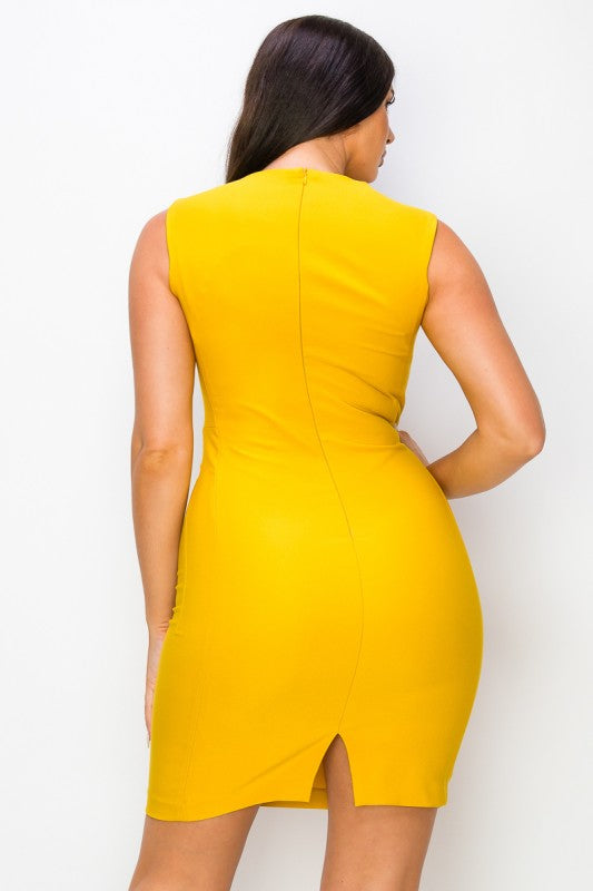 Woman models a sleek mustard midi dress, showcasing a flattering fit, perfect for a bold, stylish look, back view.