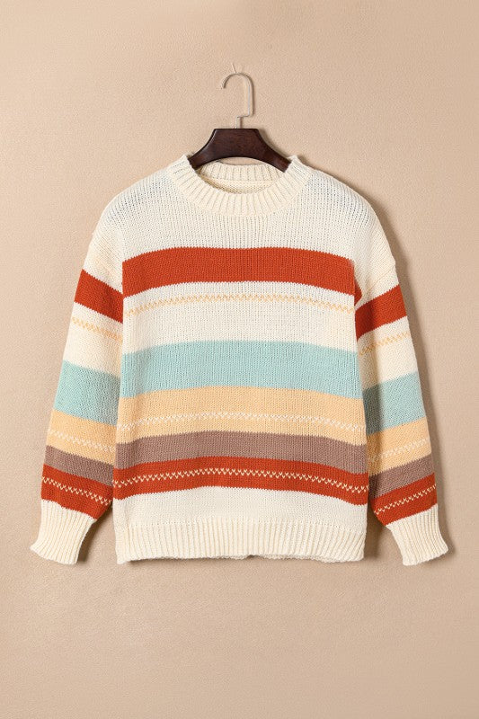  Colorful Striped Knit Women's Sweater hangs on a wall