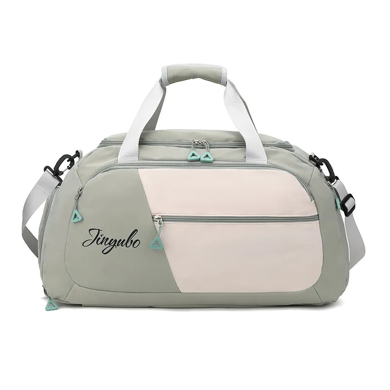 Stylish duffel bag with light gray and pale pink panels, white handles and shoulder strap, and light blue triangular zipper pulls. Branded "Jinyubo" on the front—modern, functional, and perfect for gym, travel, or everyday use.