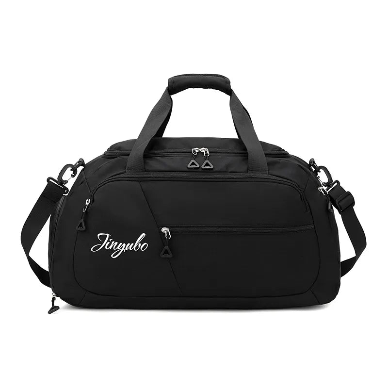 Black duffel bag with "Jinyubo" branding, featuring multiple zippered compartments, padded handles, and an adjustable shoulder strap. Sleek, durable, and versatile—ideal for gym, travel, or sports use.