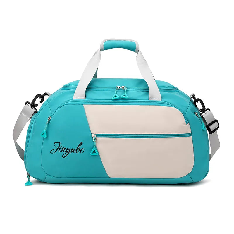 Light green duffel bag with cream accents and white straps, featuring multiple compartments including a front zippered pocket and side pockets. Branded "Jinyubo" in cursive—stylish, practical, and perfect for gym or travel.