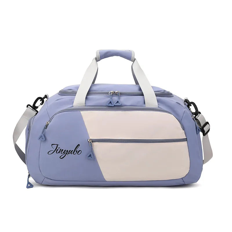 Light purple duffel bag with cream accents and white straps, featuring multiple compartments including a front zippered pocket and side pockets. Branded "Jinyubo" in cursive—stylish, practical, and perfect for gym or travel.