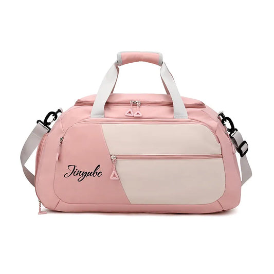 Pink and white duffel bag with "Jinyubo" branding, featuring a main zippered compartment, front pocket, and two side compartments. Sleek and modern—ideal for gym, travel, or everyday use.