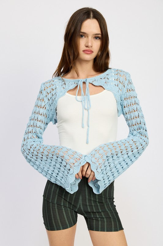 Lightweight crochet bolero with adjustable drawstrings for a personalized fit.