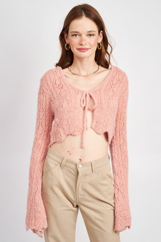Breezy, open crochet knit with dramatic flared sleeves for a statement crop.