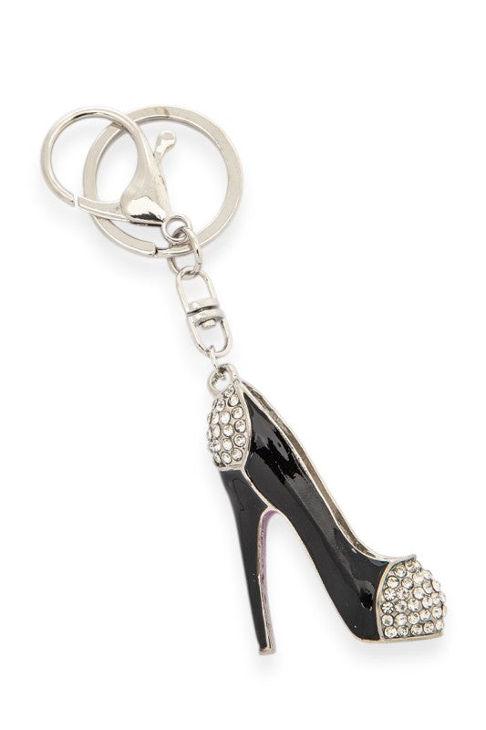 Black stiletto heel keychain with silver rhinestone accents—stylish, compact, and perfect for fashion-forward flair.