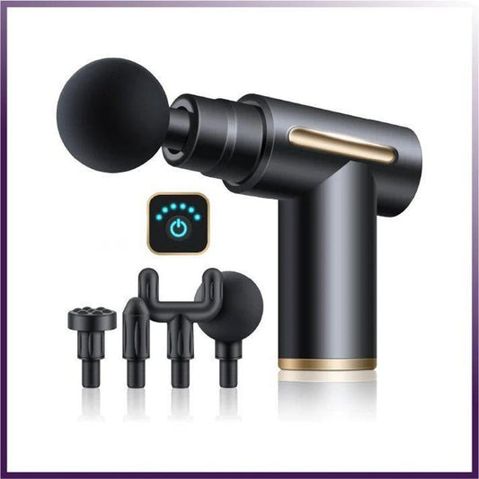 Handheld muscle massage gun, typically black, shown with a set of interchangeable attachments (round, fork, bullet) for full-body percussive therapy and athlete recovery.

