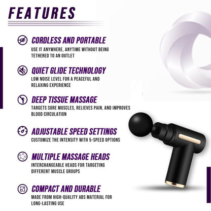 Handheld muscle massage gun, typically black, shown with a set of interchangeable attachments (round, fork, bullet) for full-body percussive therapy and athlete recovery.


