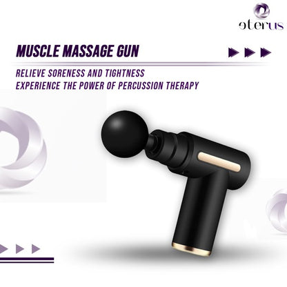 Handheld muscle massage gun, typically black, shown with a set of interchangeable attachments (round, fork, bullet) for full-body percussive therapy and athlete recovery.

