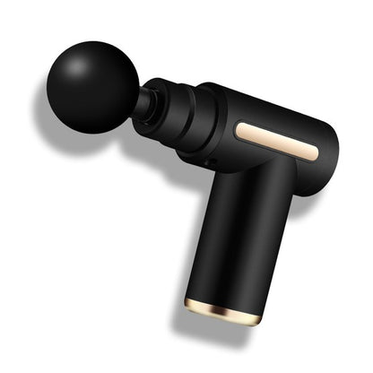 Handheld muscle massage gun, typically black, shown with a set of interchangeable attachments (round, fork, bullet) for full-body percussive therapy and athlete recovery.


